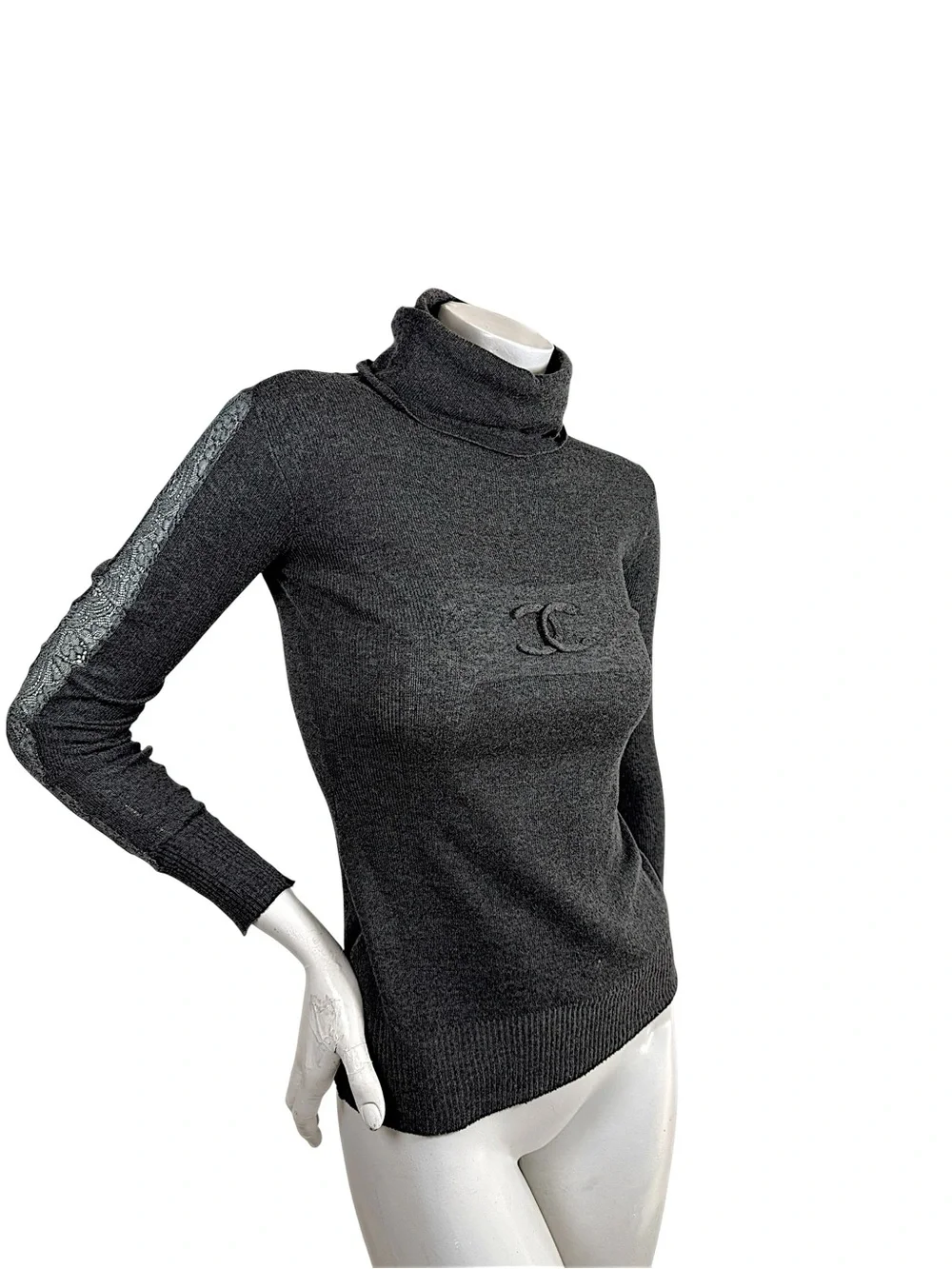 CHANEL Vintage Fall 2008 Grey CC Logo Lace Sleeve Turtleneck Sweater